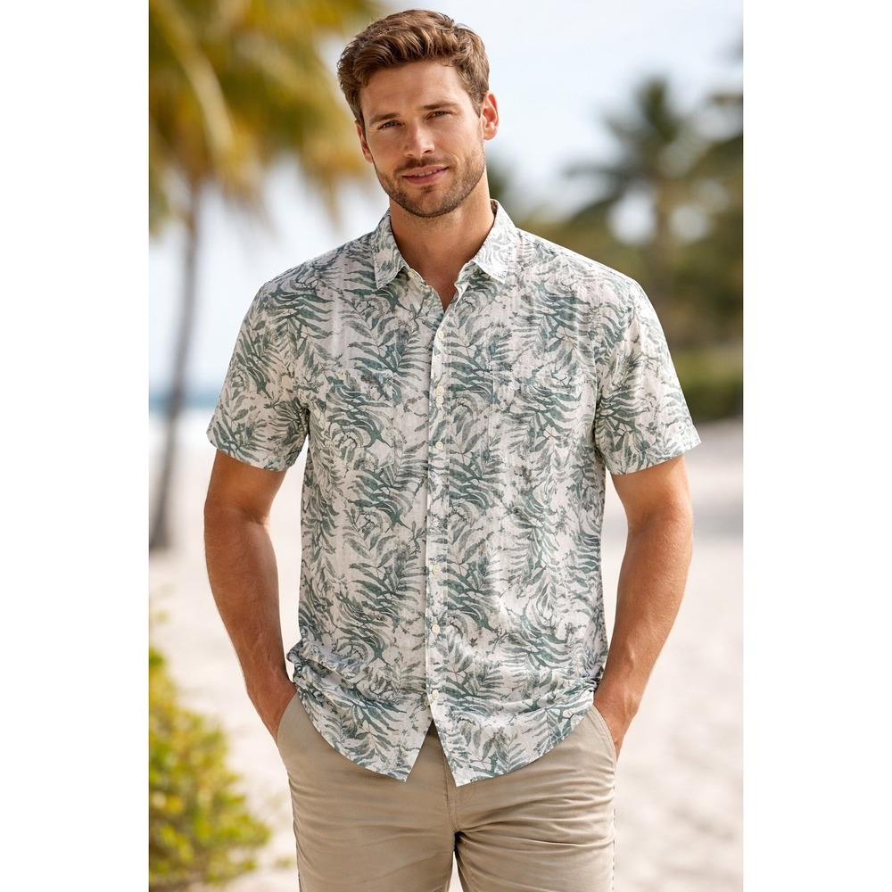 Lucky Brand Men's Tropical Leaf Button Shirt Green White Short Sleeve Size L